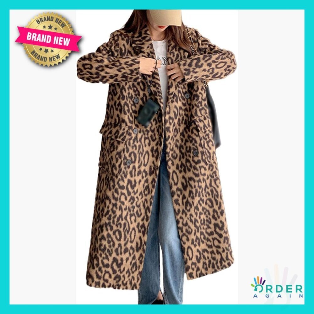 Leopard Print Wool Blend Pea Coat Double Breasted Trench Vintage Chic